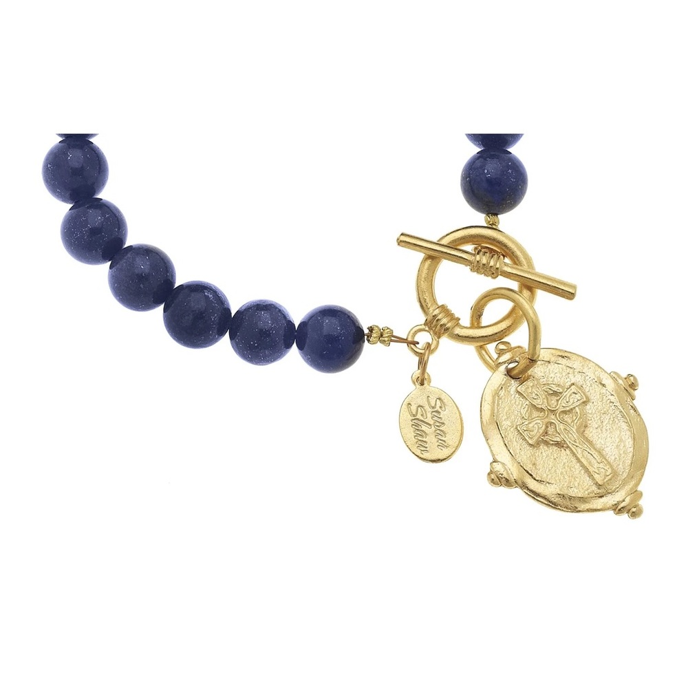 Susan Shaw Lapis Bead Bracelet with Gold Intaglio Cross